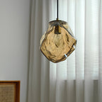Traditional Japanese Glass & Iron Lava Ice Shape Irregular Round 1-Light Pendant Light For Bedroom, Living Room & Dining Room