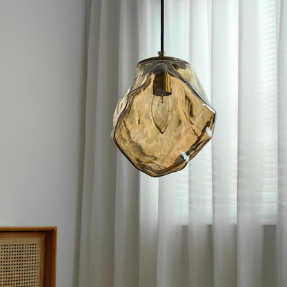 Traditional Japanese Glass & Iron Lava Ice Shape Irregular Round 1-Light Pendant Light For Bedroom, Living Room & Dining Room