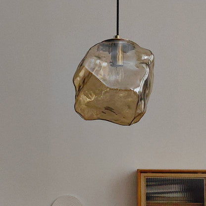 Traditional Japanese Glass & Iron Lava Ice Shape Irregular Round 1-Light Pendant Light For Bedroom, Living Room & Dining Room