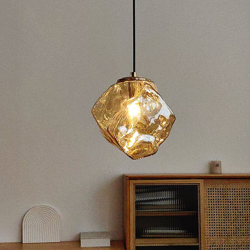 Traditional Japanese Glass & Iron Lava Ice Shape Irregular Round 1-Light Pendant Light For Bedroom, Living Room & Dining Room