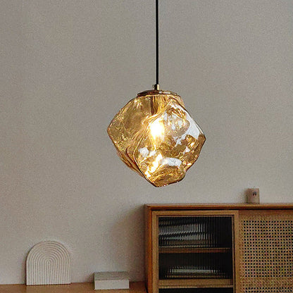 Traditional Japanese Glass & Iron Lava Ice Shape Irregular Round 1-Light Pendant Light For Bedroom, Living Room & Dining Room
