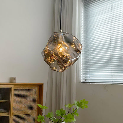 Traditional Japanese Glass & Iron Lava Ice Shape Irregular Round 1-Light Pendant Light For Bedroom, Living Room & Dining Room