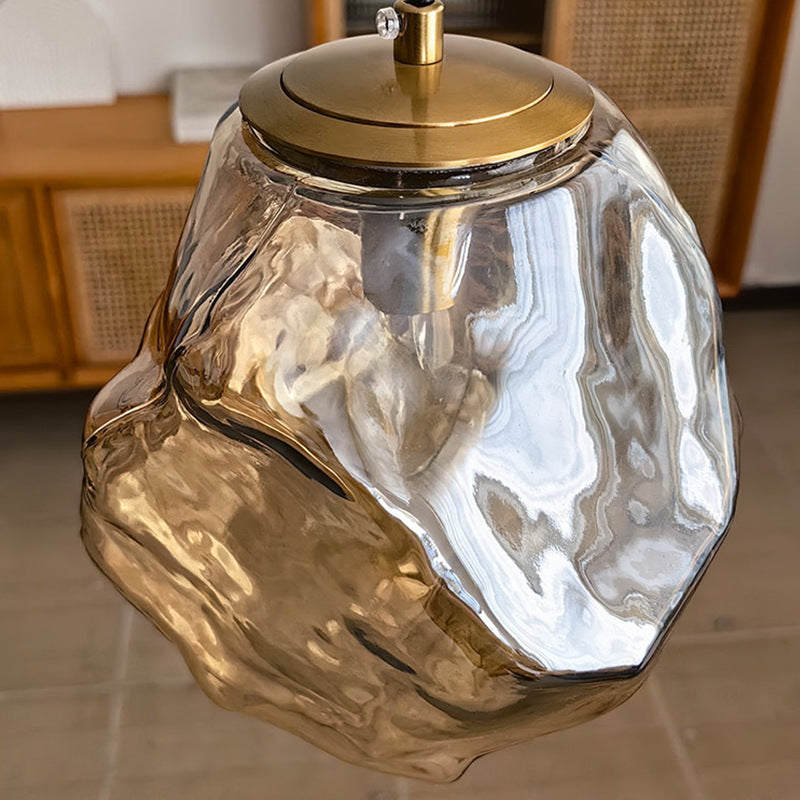 Traditional Japanese Glass & Iron Lava Ice Shape Irregular Round 1-Light Pendant Light For Bedroom, Living Room & Dining Room