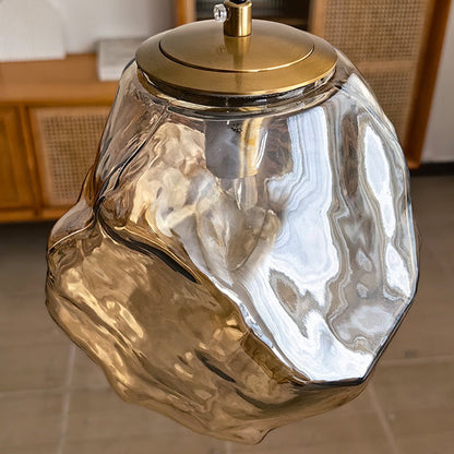 Traditional Japanese Glass & Iron Lava Ice Shape Irregular Round 1-Light Pendant Light For Bedroom, Living Room & Dining Room