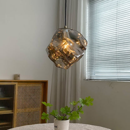 Traditional Japanese Glass & Iron Lava Ice Shape Irregular Round 1-Light Pendant Light For Bedroom, Living Room & Dining Room