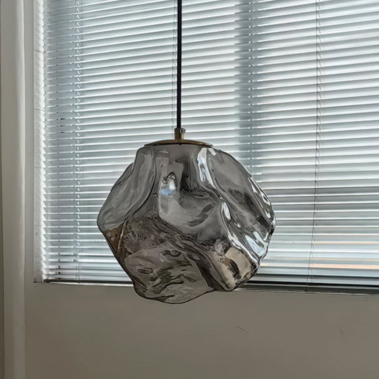Traditional Japanese Glass & Iron Lava Ice Shape Irregular Round 1-Light Pendant Light For Bedroom, Living Room & Dining Room