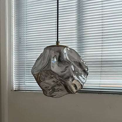 Traditional Japanese Glass & Iron Lava Ice Shape Irregular Round 1-Light Pendant Light For Bedroom, Living Room & Dining Room