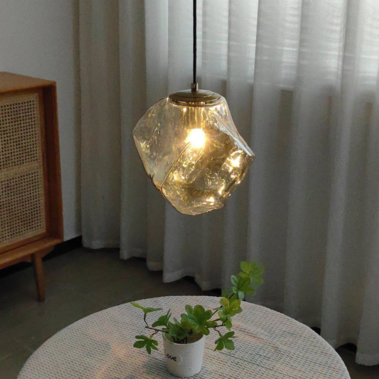 Traditional Japanese Glass & Iron Lava Ice Shape Irregular Round 1-Light Pendant Light For Bedroom, Living Room & Dining Room
