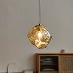 Traditional Japanese Glass & Iron Lava Ice Shape Irregular Round 1-Light Pendant Light For Bedroom, Living Room & Dining Room