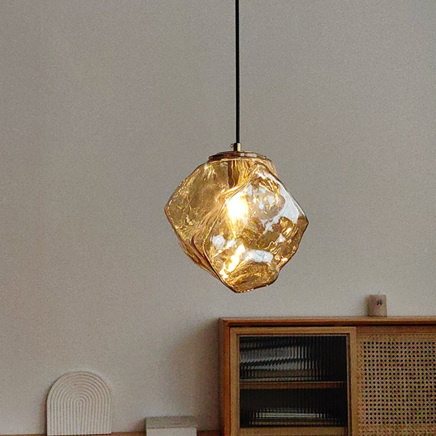 Traditional Japanese Glass & Iron Lava Ice Shape Irregular Round 1-Light Pendant Light For Bedroom, Living Room & Dining Room