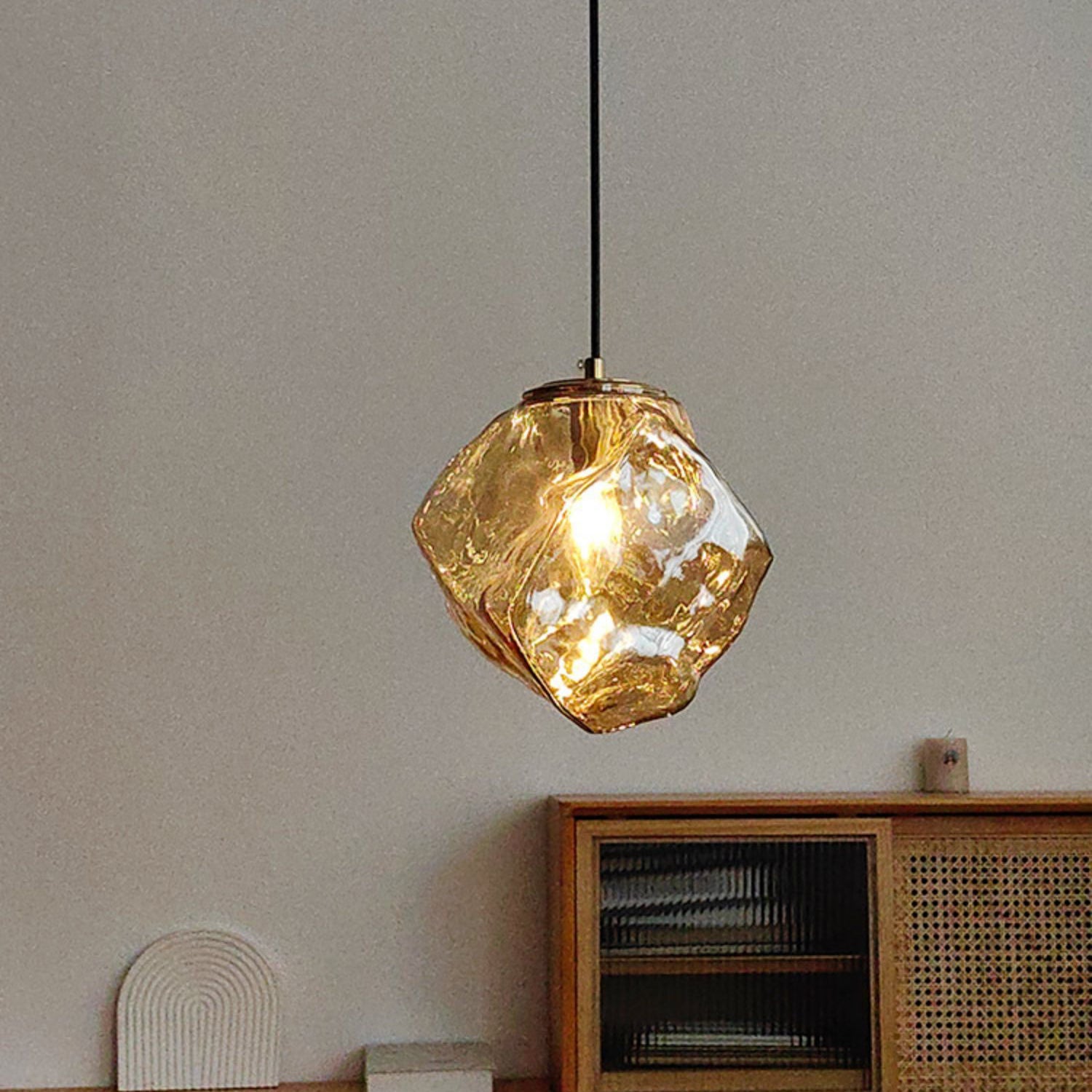 Traditional Japanese Glass & Iron Lava Ice Shape Irregular Round 1-Light Pendant Light For Bedroom, Living Room & Dining Room