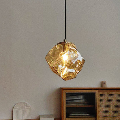 Traditional Japanese Glass & Iron Lava Ice Shape Irregular Round 1-Light Pendant Light For Bedroom, Living Room & Dining Room