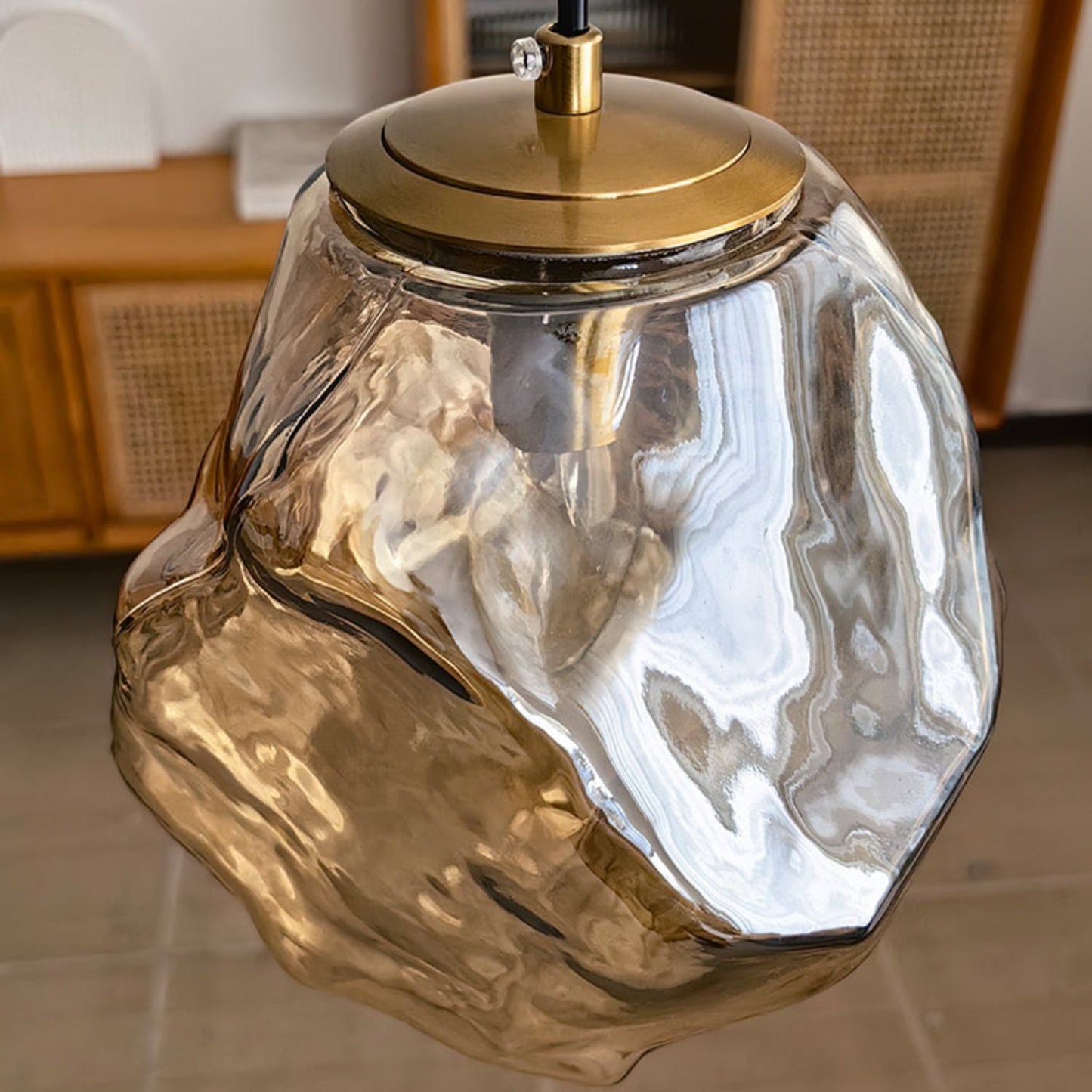 Traditional Japanese Glass & Iron Lava Ice Shape Irregular Round 1-Light Pendant Light For Bedroom, Living Room & Dining Room