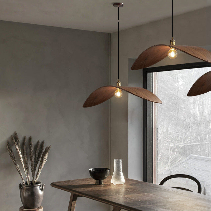 Traditional Japanese Wood Leaf-shaped 1-light Pendant Light for Dining Room, Bedroom & Living Room