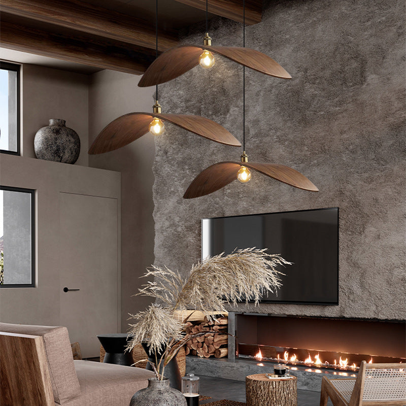 Traditional Japanese Wood Leaf-shaped 1-light Pendant Light for Dining Room, Bedroom & Living Room