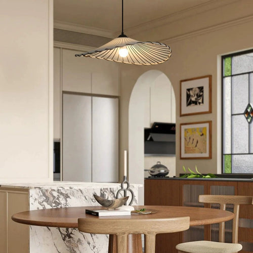 Traditional Japanese Fabric & Iron Lotus-Shaped Round 1-Light Pendant Light For Dining Room & Living Room