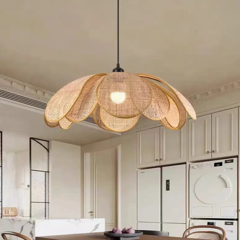 Traditional Japanese Rattan Petal 1-light Pendant Light with Adjustable Cord for Dining Room, Bedroom & Living Room BulbSquare