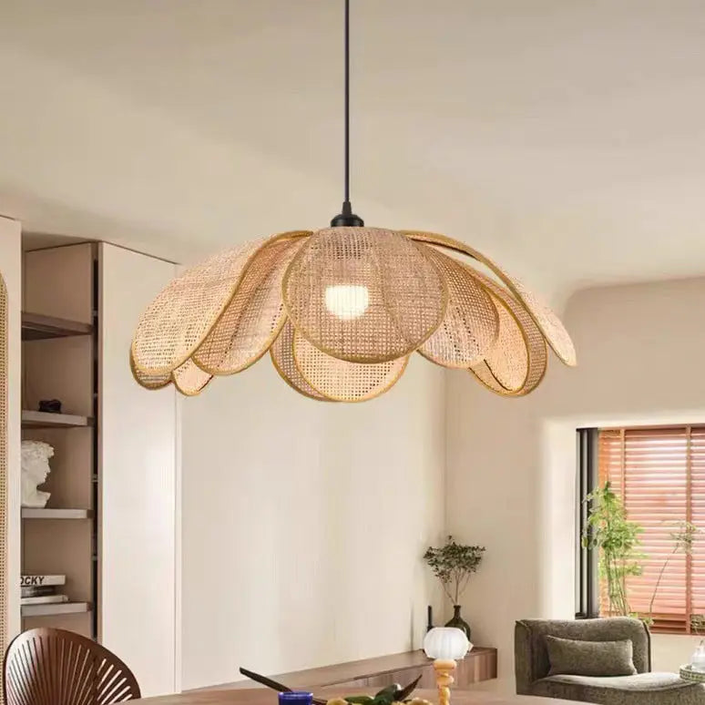 Traditional Japanese Rattan Petal 1-light Pendant Light with Adjustable Cord for Dining Room, Bedroom & Living Room BulbSquare