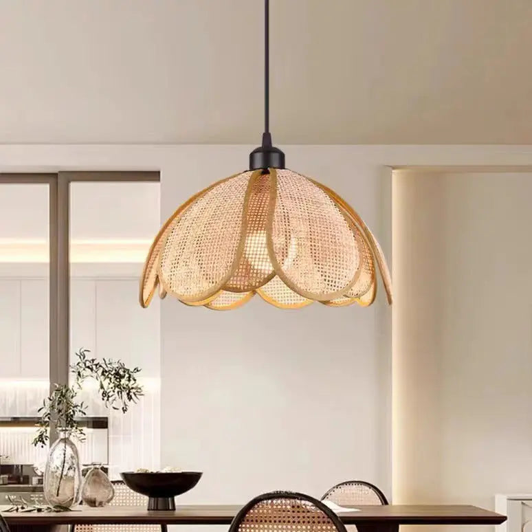 Traditional Japanese Rattan Petal 1-light Pendant Light with Adjustable Cord for Dining Room, Bedroom & Living Room BulbSquare