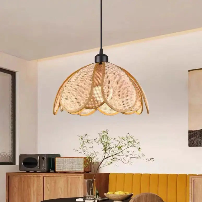 Traditional Japanese Rattan Petal 1-light Pendant Light with Adjustable Cord for Dining Room, Bedroom & Living Room BulbSquare