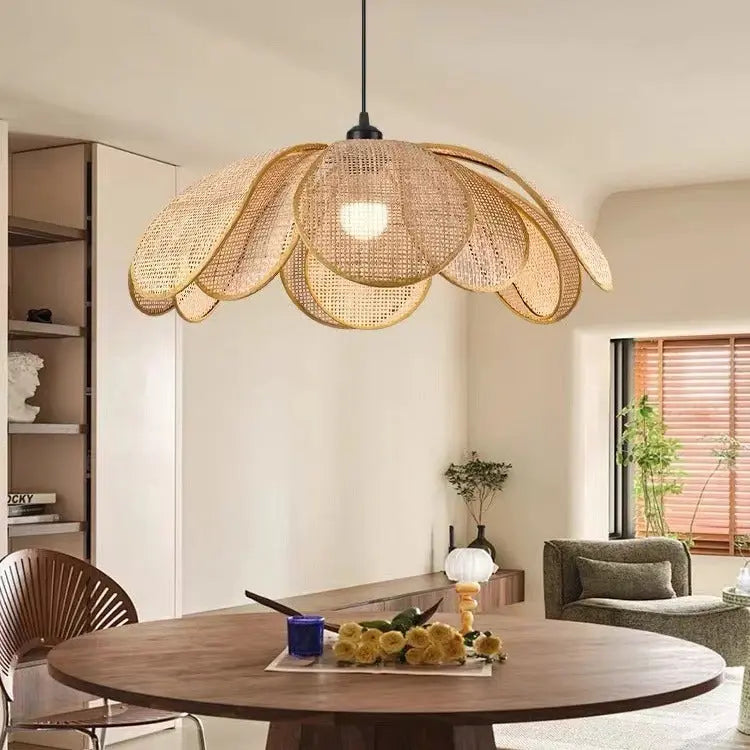 Traditional Japanese Rattan Petal 1-light Pendant Light with Adjustable Cord for Dining Room, Bedroom & Living Room BulbSquare
