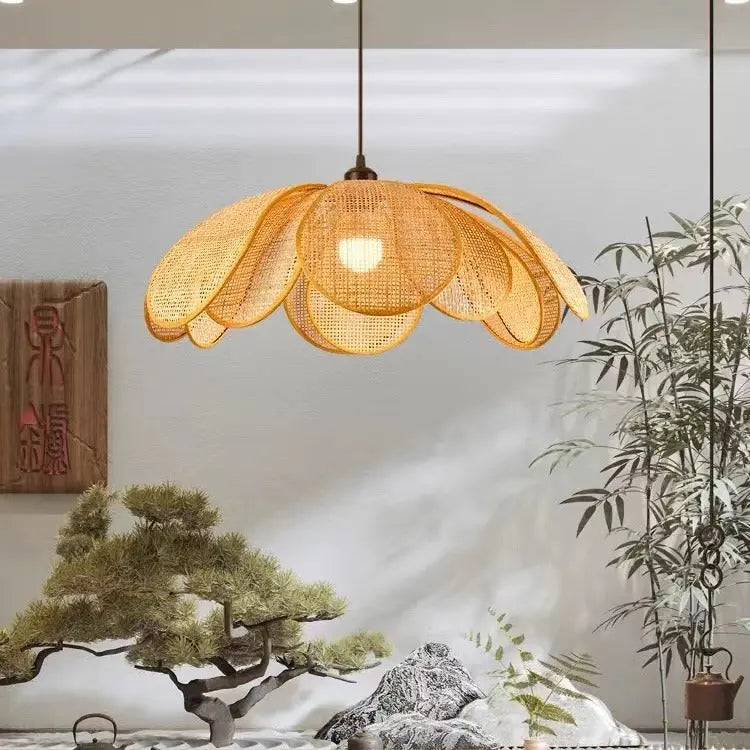 Traditional Japanese Rattan Petal 1-light Pendant Light with Adjustable Cord for Dining Room, Bedroom & Living Room BulbSquare