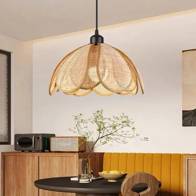 Traditional Japanese Rattan Petal 1-light Pendant Light with Adjustable Cord for Dining Room, Bedroom & Living Room BulbSquare