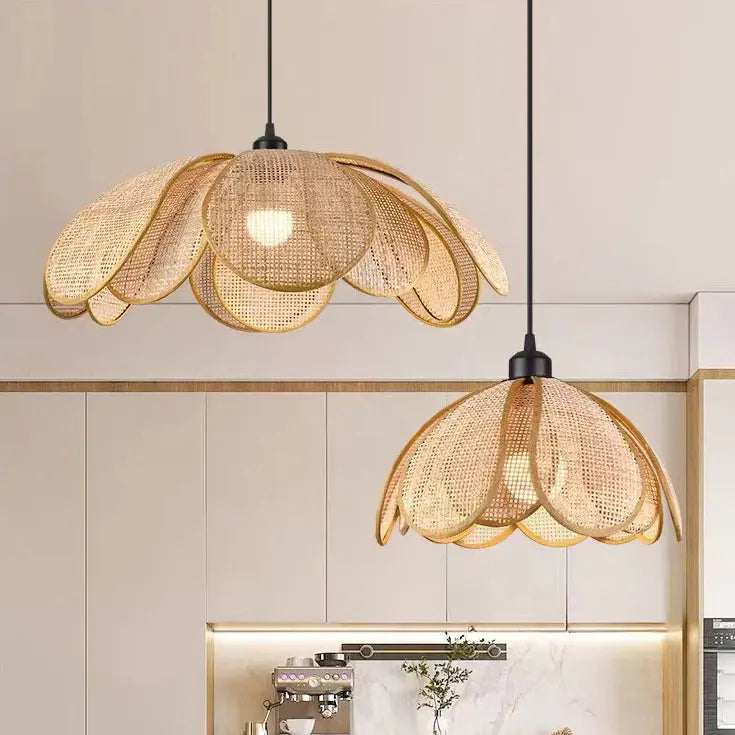 Traditional Japanese Rattan Petal 1-light Pendant Light with Adjustable Cord for Dining Room, Bedroom & Living Room BulbSquare
