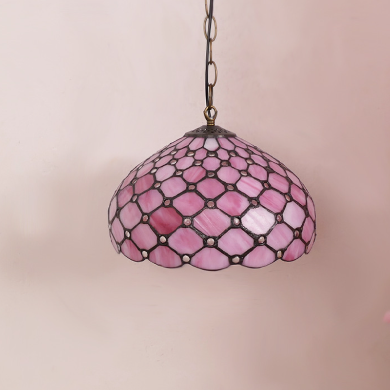 Traditional Tiffany Iron Glass Semi-Circular Arc 1-Light Pendant Light For Living Room