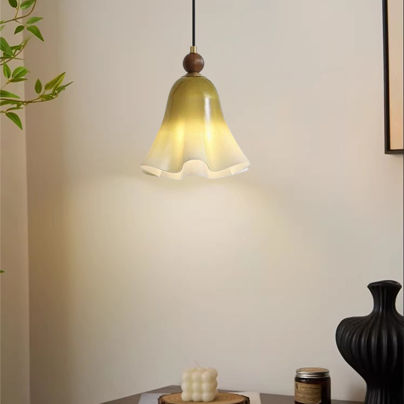 Traditional French Iron Solid Wood Glass Morning Glory Flower 1-Light Pendant Light For Living Room & Dining Room