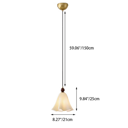 Traditional French Iron Solid Wood Glass Morning Glory Flower 1-Light Pendant Light For Living Room & Dining Room