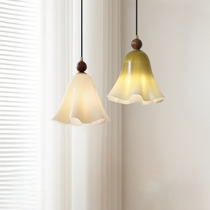 Traditional French Iron Solid Wood Glass Morning Glory Flower 1-Light Pendant Light For Living Room & Dining Room