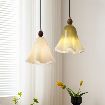 Traditional French Iron Solid Wood Glass Morning Glory Flower 1-Light Pendant Light For Living Room & Dining Room