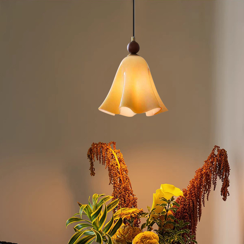 Traditional French Iron Solid Wood Glass Morning Glory Flower 1-Light Pendant Light For Living Room & Dining Room