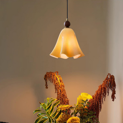 Traditional French Iron Solid Wood Glass Morning Glory Flower 1-Light Pendant Light For Living Room & Dining Room