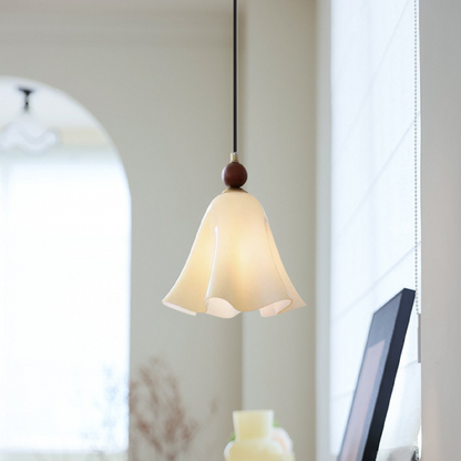 Traditional French Iron Solid Wood Glass Morning Glory Flower 1-Light Pendant Light For Living Room & Dining Room
