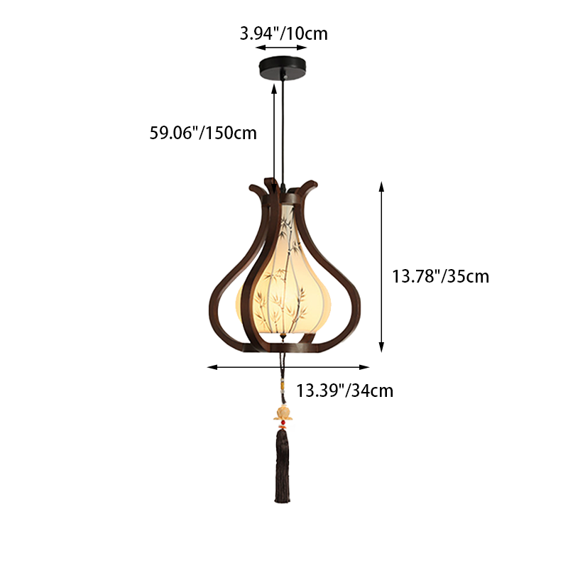 Traditional Chinese Oak Wood Hardware Fabric Pear-Shaped 1-Light Pendant Light For Living Room & Dining Room
