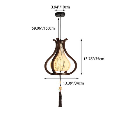 Traditional Chinese Oak Wood Hardware Fabric Pear-Shaped 1-Light Pendant Light For Living Room & Dining Room
