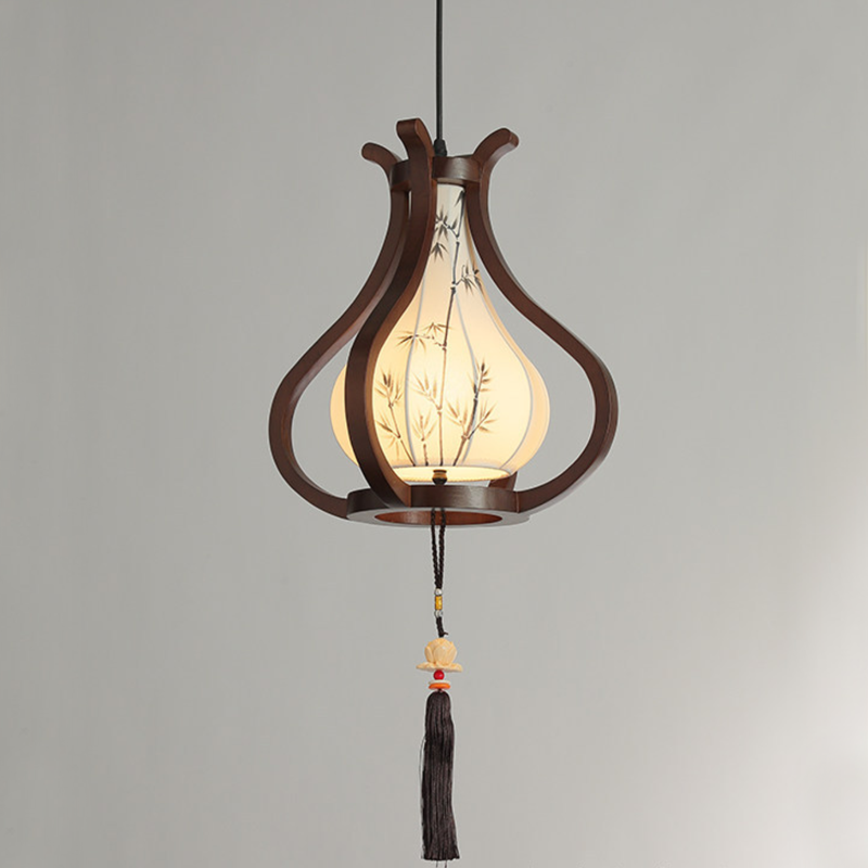 Traditional Chinese Oak Wood Hardware Fabric Pear-Shaped 1-Light Pendant Light For Living Room & Dining Room