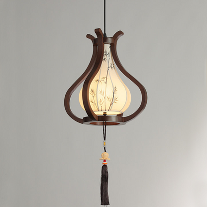Traditional Chinese Oak Wood Hardware Fabric Pear-Shaped 1-Light Pendant Light For Living Room & Dining Room