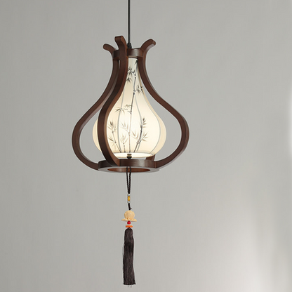 Traditional Chinese Oak Wood Hardware Fabric Pear-Shaped 1-Light Pendant Light For Living Room & Dining Room