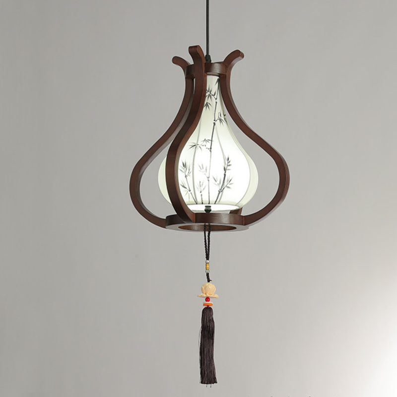 Traditional Chinese Oak Wood Hardware Fabric Pear-Shaped 1-Light Pendant Light For Living Room & Dining Room