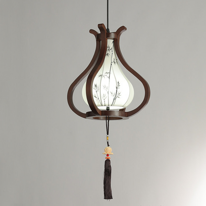 Traditional Chinese Oak Wood Hardware Fabric Pear-Shaped 1-Light Pendant Light For Living Room & Dining Room