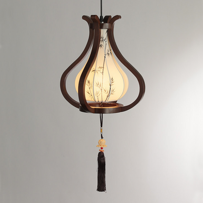 Traditional Chinese Oak Wood Hardware Fabric Pear-Shaped 1-Light Pendant Light For Living Room & Dining Room