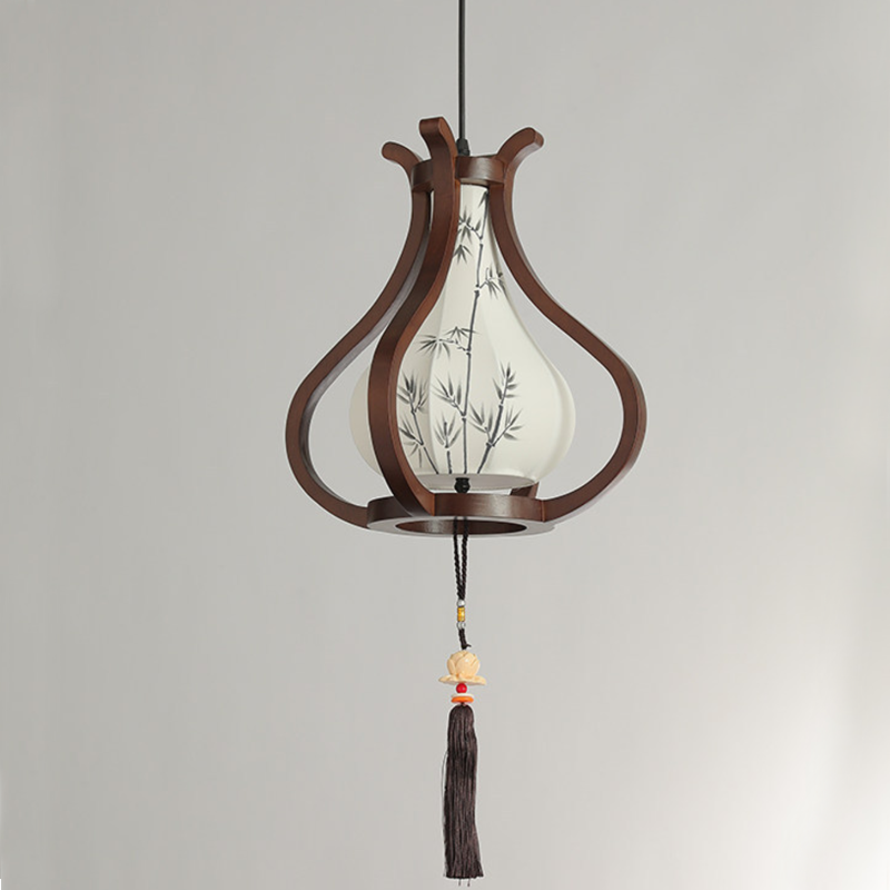 Traditional Chinese Oak Wood Hardware Fabric Pear-Shaped 1-Light Pendant Light For Living Room & Dining Room
