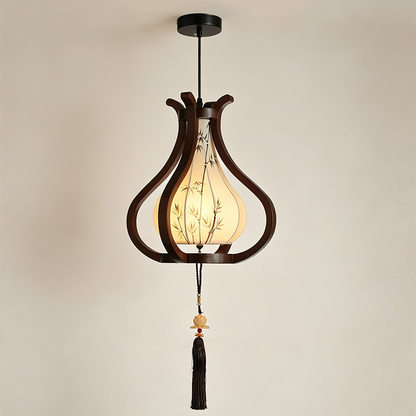 Traditional Chinese Oak Wood Hardware Fabric Pear-Shaped 1-Light Pendant Light For Living Room & Dining Room