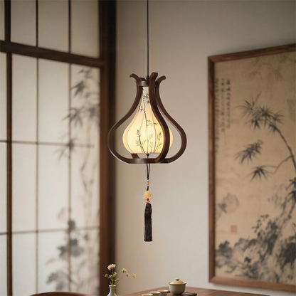 Traditional Chinese Oak Wood Hardware Fabric Pear-Shaped 1-Light Pendant Light For Living Room & Dining Room