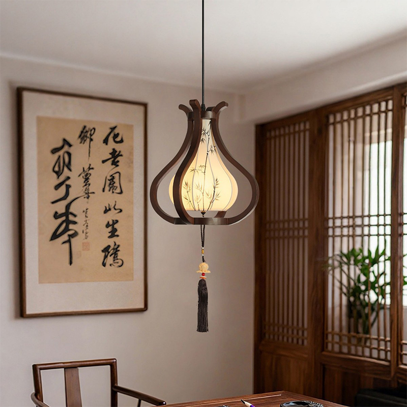 Traditional Chinese Oak Wood Hardware Fabric Pear-Shaped 1-Light Pendant Light For Living Room & Dining Room