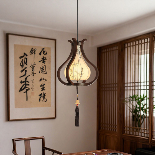 Traditional Chinese Oak Wood Hardware Fabric Pear-Shaped 1-Light Pendant Light For Living Room & Dining Room