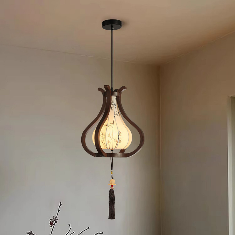 Traditional Chinese Oak Wood Hardware Fabric Pear-Shaped 1-Light Pendant Light For Living Room & Dining Room